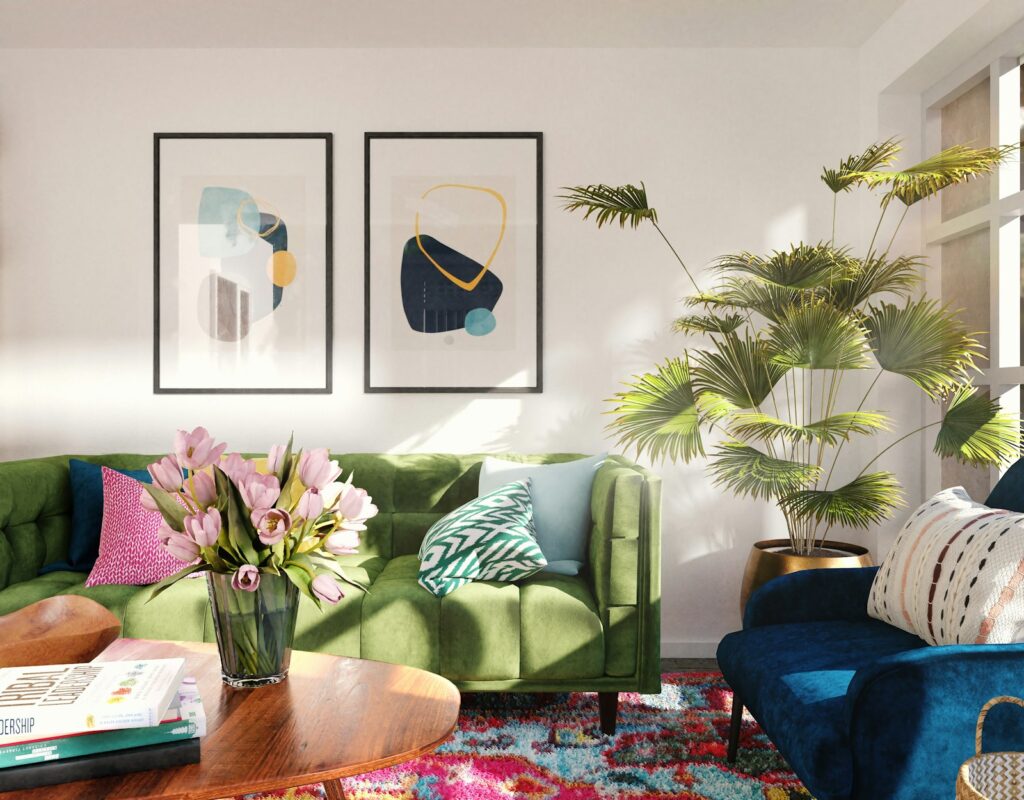 Flowering plant in a blue ceramic pot on a wooden table in a new home